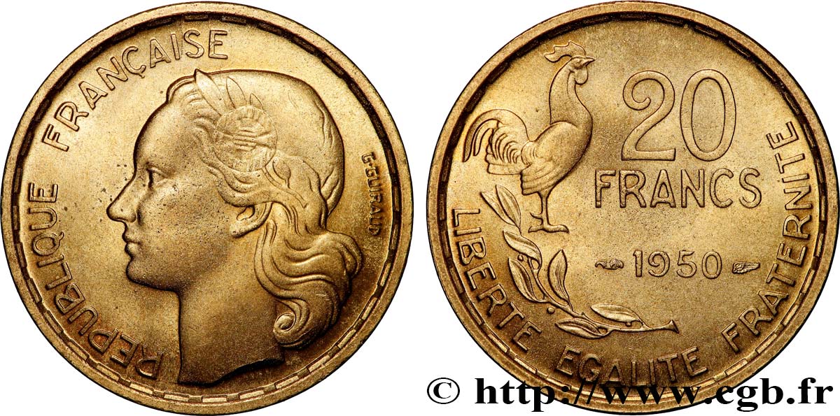 20 francs G. Guiraud, 4 faucilles 1950  F.402/3 MS63 