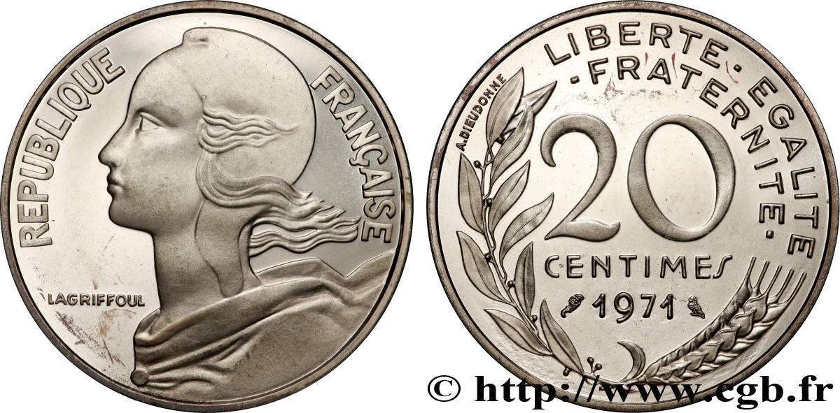 Piéfort Argent de 20 centimes Marianne 1971 Pessac GEM.56 P2 SPL 