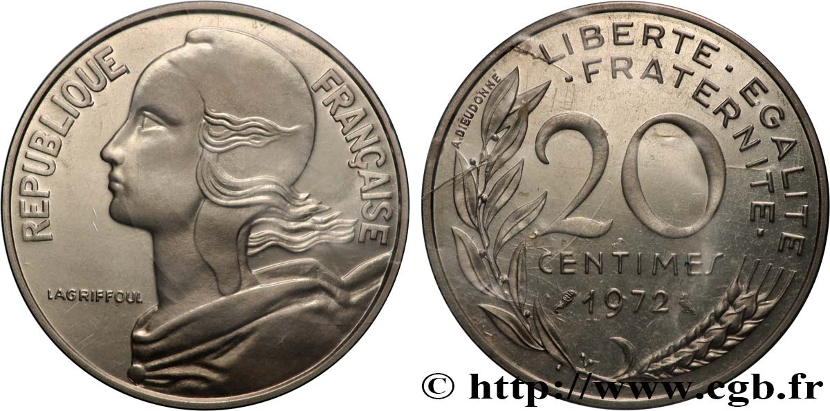 Piéfort Argent de 20 centimes Marianne 1972 Paris GEM.56 P2 FDC 