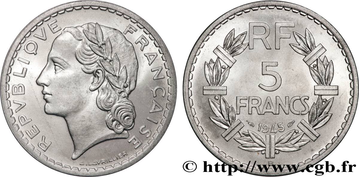 5 francs Lavrillier, aluminium 1945 Beaumont-Le-Roger F.339/4 MS64 