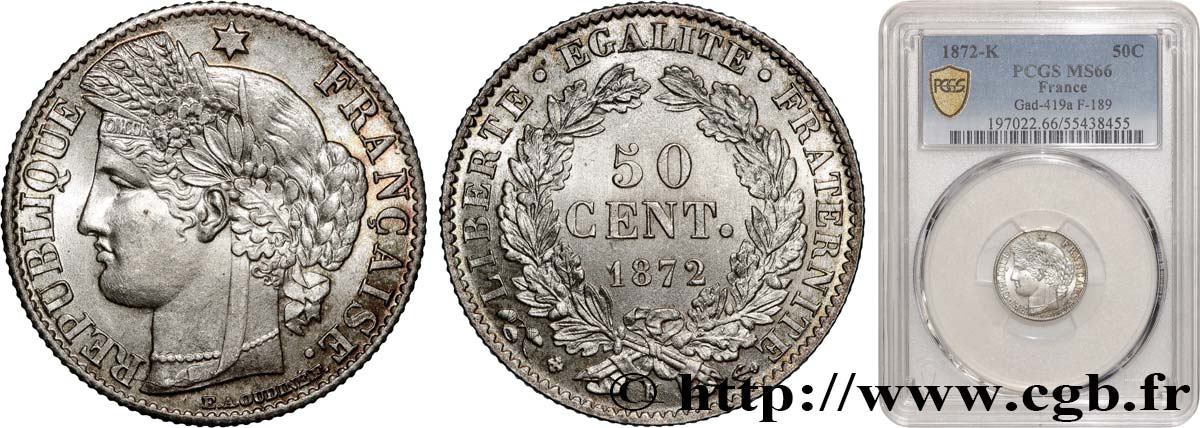 50 centimes Cérès, IIIe République 1872 Bordeaux F.189/4 MS66 PCGS