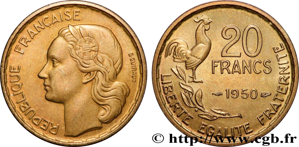 20 francs G. Guiraud, 4 faucilles 1950  F.402/3 SPL63 