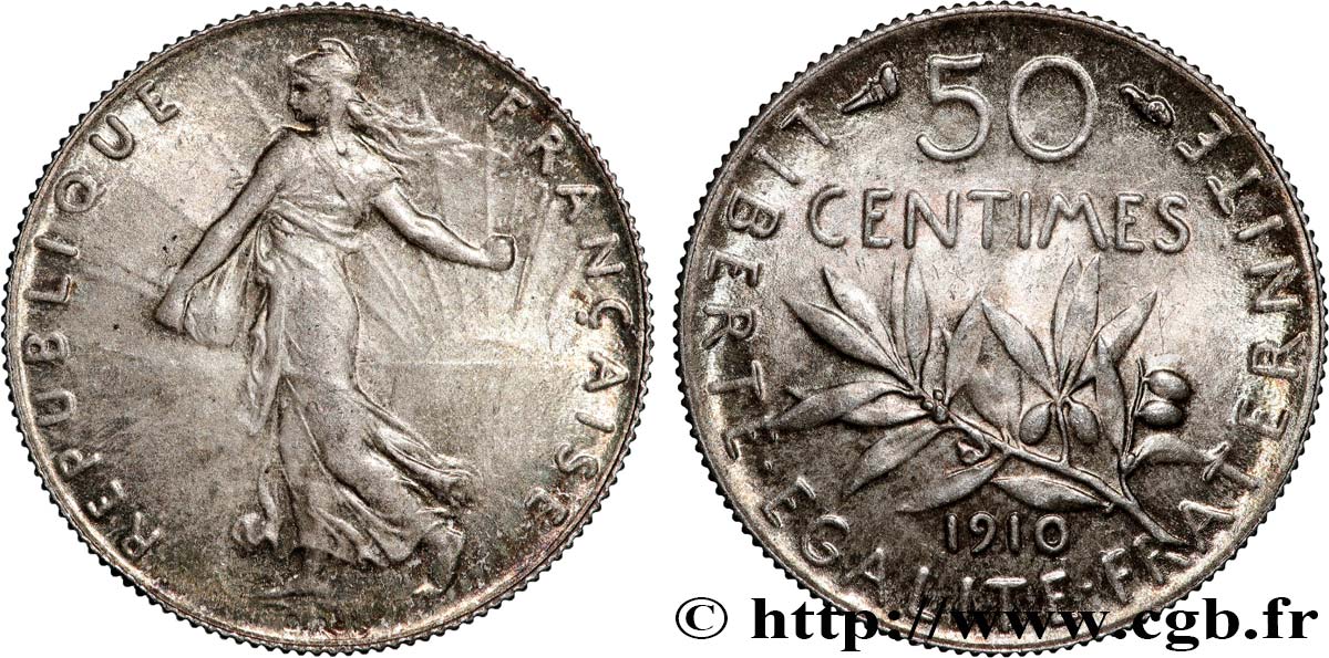 50 centimes Semeuse 1910 Paris F.190/17 SPL60 