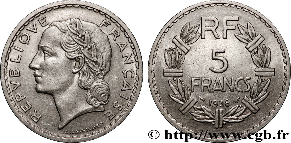 5 francs Lavrillier, nickel 1938  F.336/7 BB50 