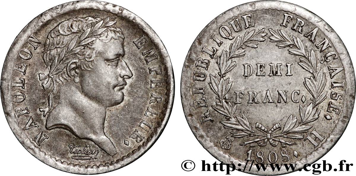 Demi-franc Napoléon Ier tête laurée, République française 1808 La Rochelle F.177/7 AU53 