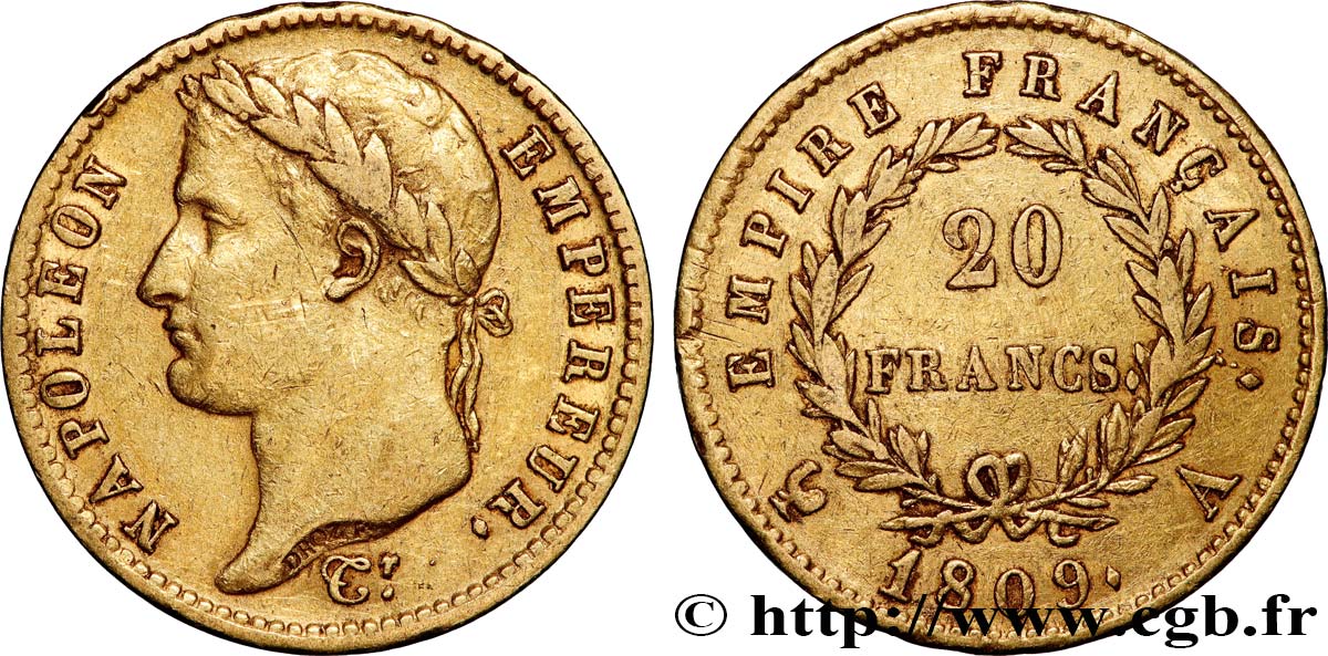 20 francs or Napoléon tête laurée, Empire français 1809 Paris F.516/1 MBC 