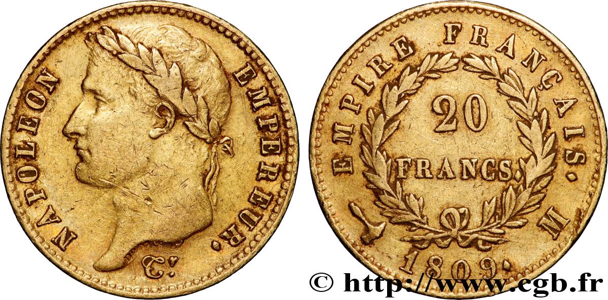 20 francs or Napoléon, tête laurée, Empire français 1809 Toulouse F.516/5 XF 