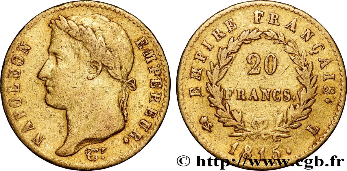 20 francs or Napoléon, tête laurée, Empire français 1815 Bayonne F.516A/2 q.BB 