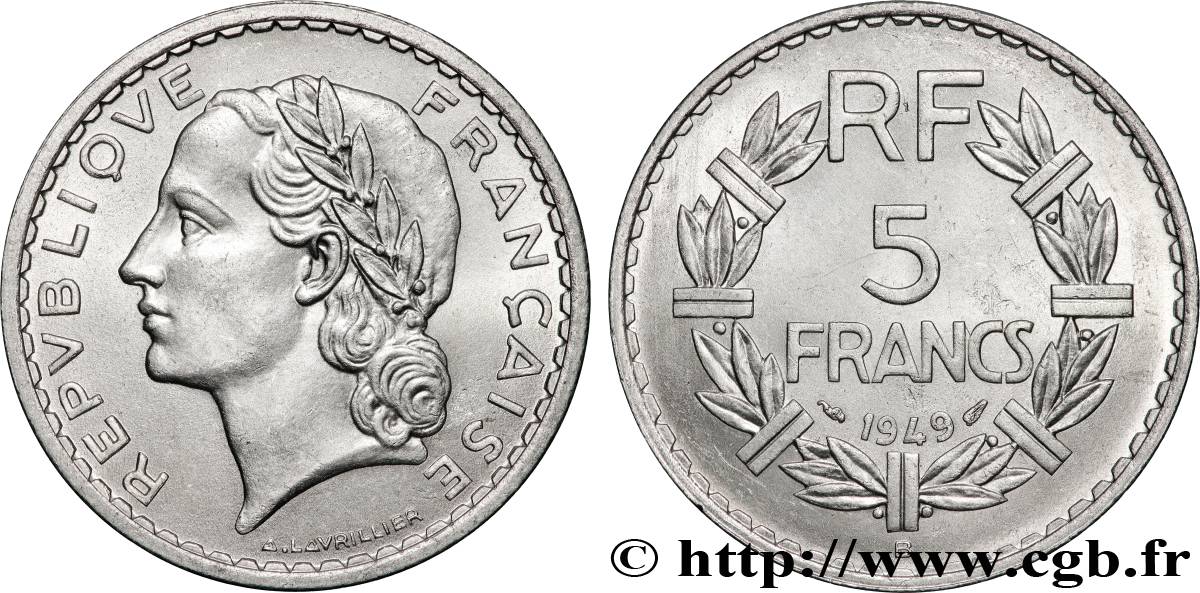 5 francs Lavrillier, aluminium 1949 Beaumont-le-Roger F.339/19 MS63 
