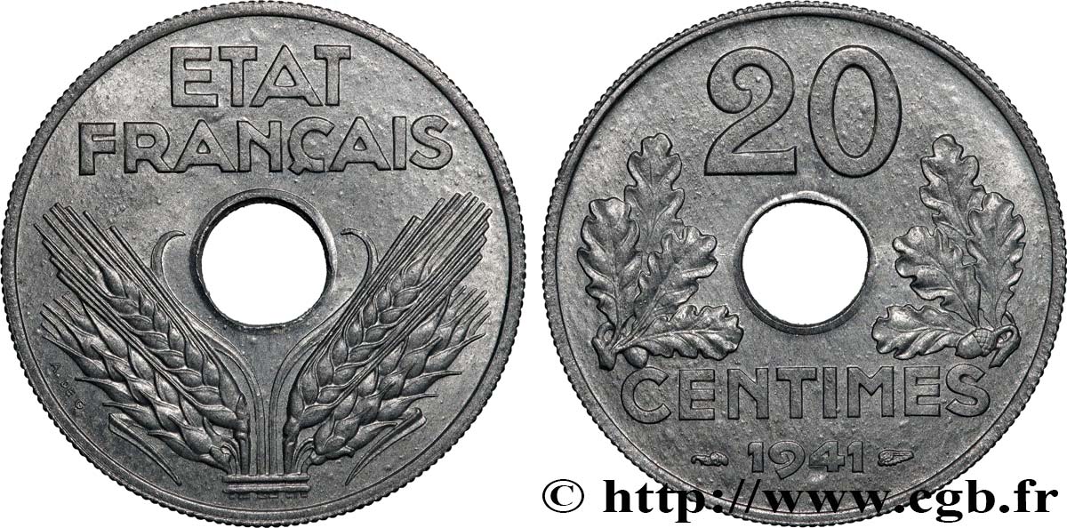20 centimes État français, lourde 1941  F.153/2 MS64 