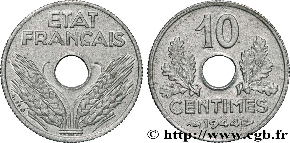 10 centimes État français, petit module 1944  F.142/3 MS63 