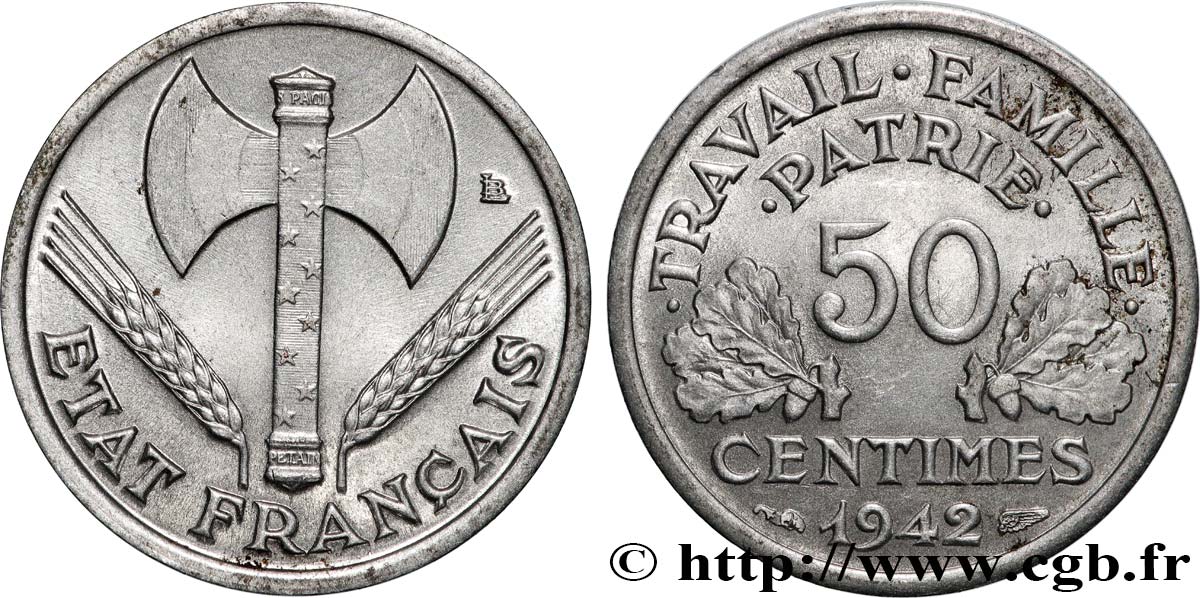 50 centimes Francisque, lourde 1942 Paris F.195/3 MS63 