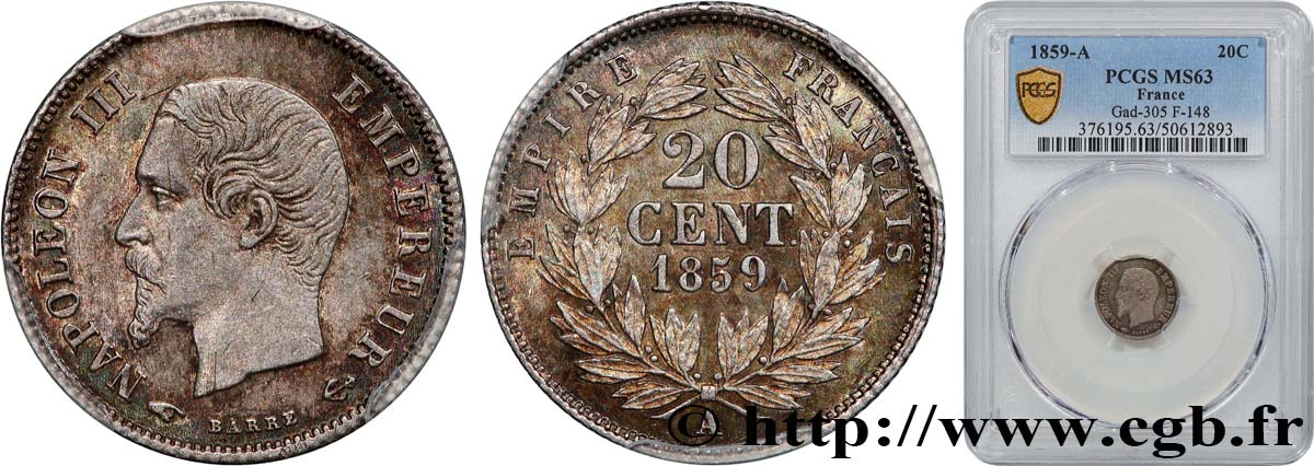 20 centimes Napoléon III, tête nue 1859 Paris F.148/12 SPL63 PCGS