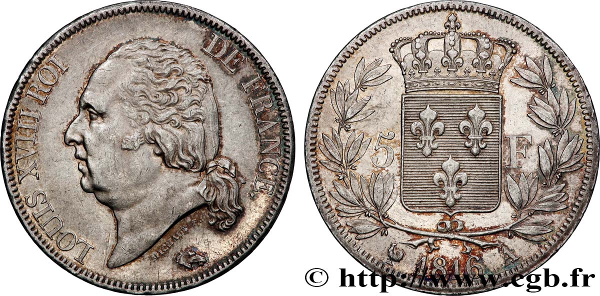 5 francs Louis XVIII, tête nue 1816  Paris F.309/1 AU 