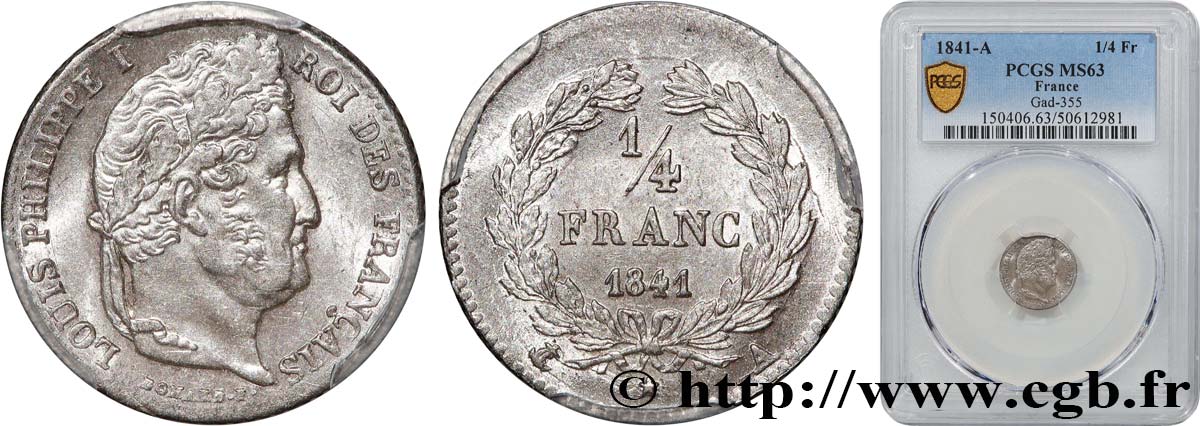 1/4 franc Louis-Philippe 1841 Paris F.166/85 SPL63 PCGS