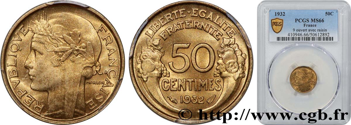 50 centimes Morlon, avec raisin, 9 et 2 ouverts 1932  F.192/7 FDC66 PCGS