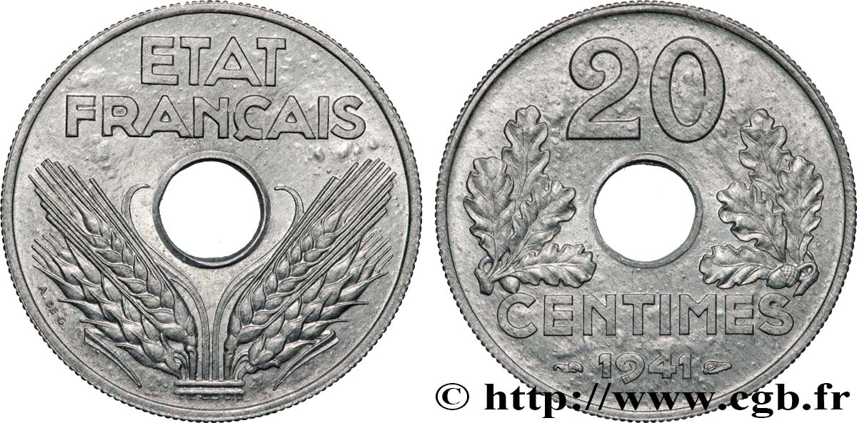 20 centimes État français, lourde 1941  F.153/2 MS65 