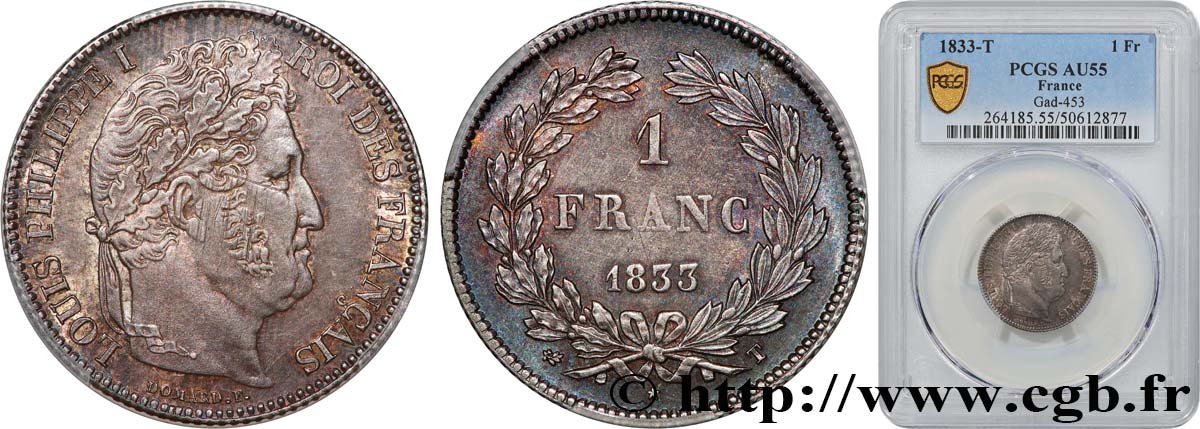 1 franc Louis-Philippe, couronne de chêne 1833 Nantes F.210/25 AU55 PCGS