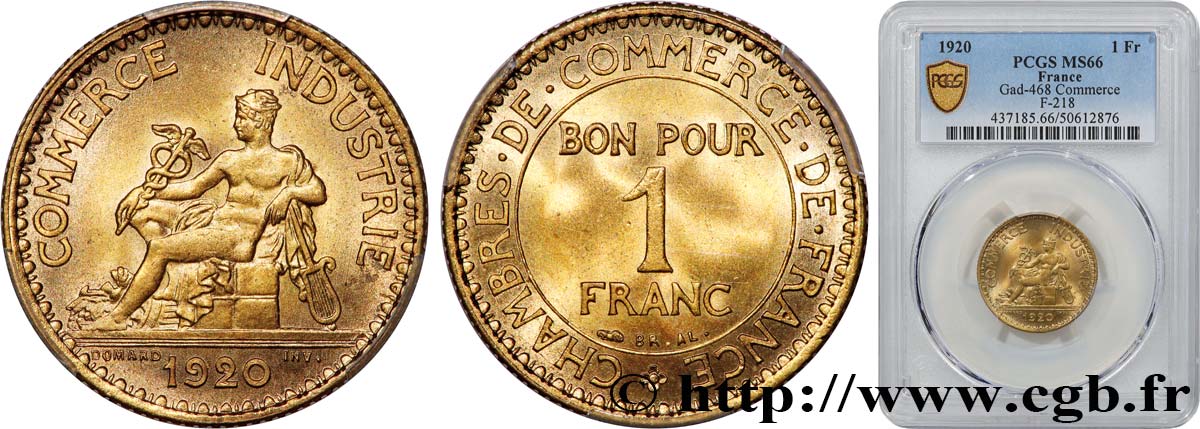 1 franc Chambres de Commerce 1920 Paris F.218/2 MS66 PCGS