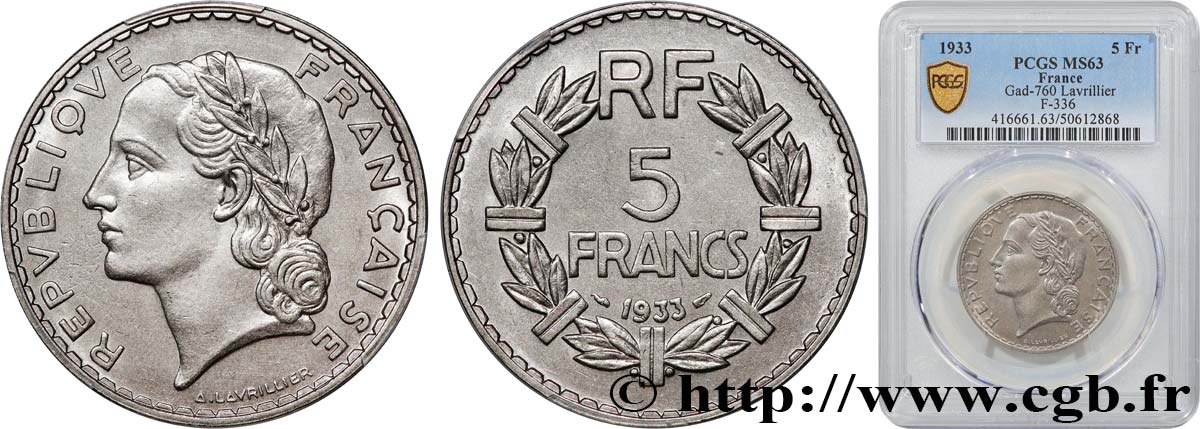 5 francs Lavrillier, nickel 1933  F.336/2 SPL63 PCGS