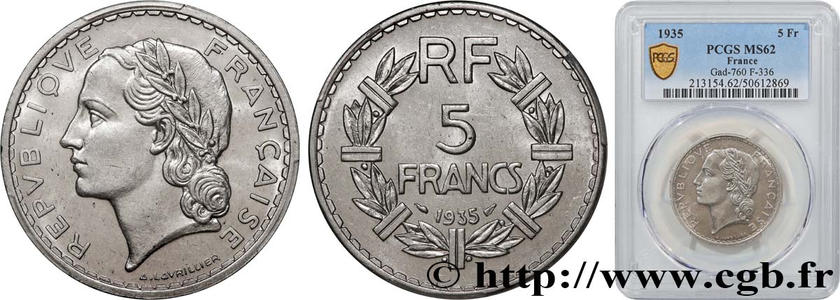 5 francs Lavrillier, nickel 1935  F.336/4 SUP62 PCGS