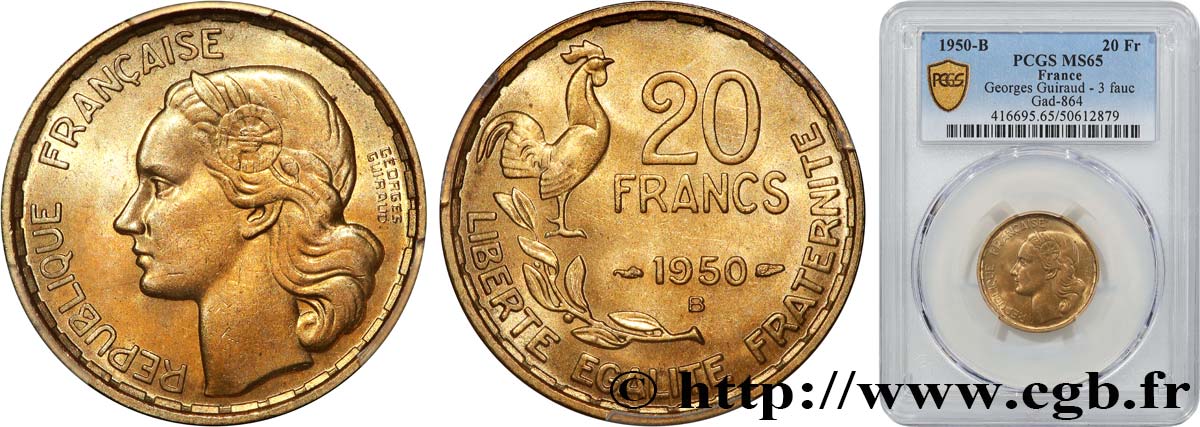 20 francs Georges Guiraud, 3 faucilles 1950 Beaumont-Le-Roger F.401/2 ST65 PCGS