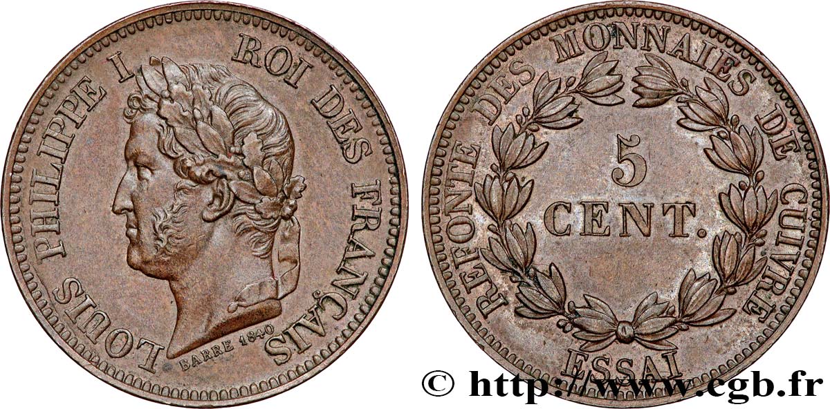 Essai de 5 centimes en bronze, signature BARRE 1840 1840  VG.2917  MS62 