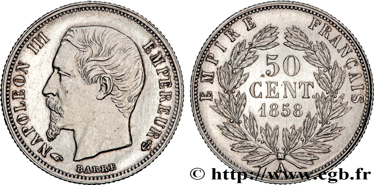 50 centimes Napoléon III, tête nue 1858 Paris F.187/9 SUP+ 