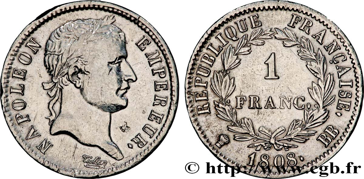 1 franc Napoléon Ier tête laurée, République française 1808 Strasbourg F.204/4 TB+ 