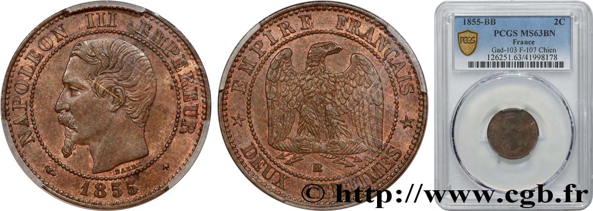 Deux centimes Napoléon III, tête nue 1855 Strasbourg F.107/23 SPL63 PCGS