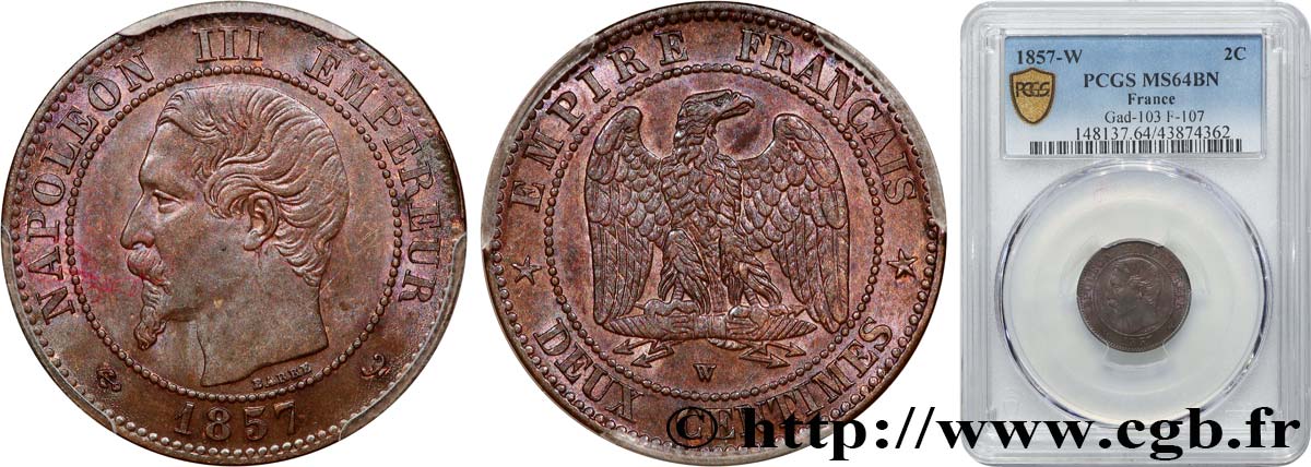 Deux centimes Napoléon III, tête nue 1857 Lille F.107/51 SPL64 PCGS