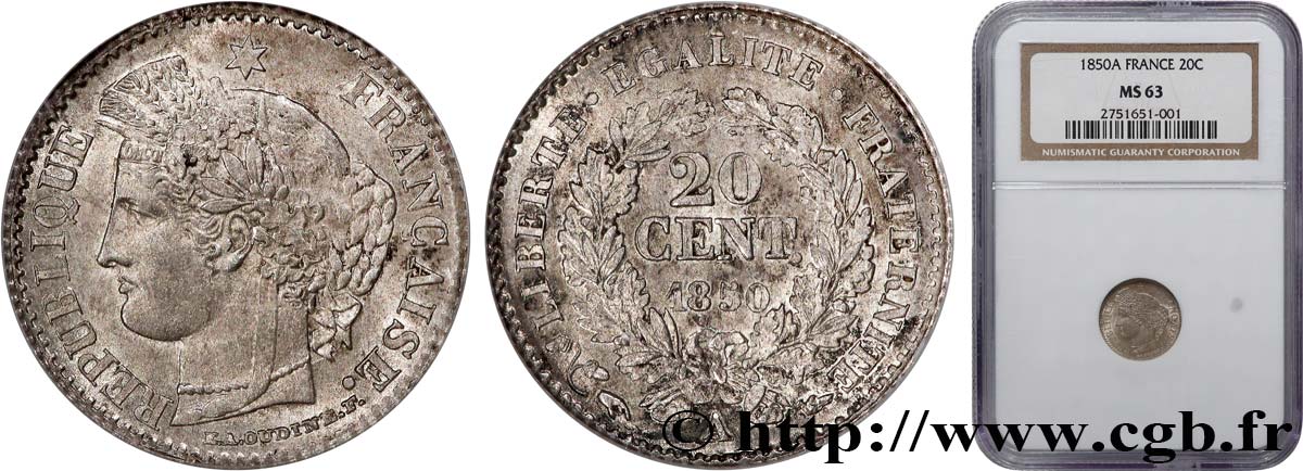 20 centimes Cérès, IIe République 1850 Paris F.146/2 SC63 NGC