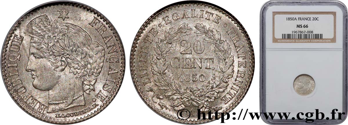 20 centimes Cérès, IIe République 1850 Paris F.146/2 MS66 NGC