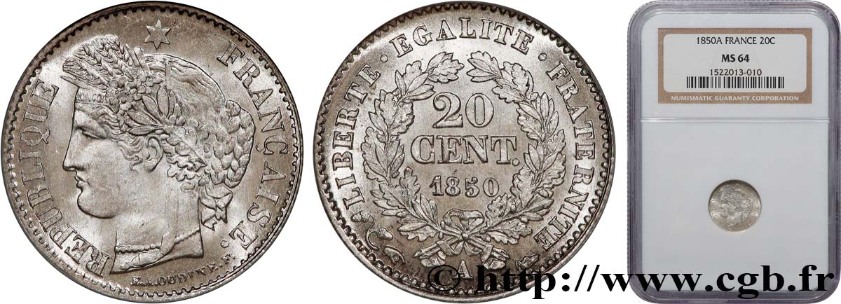 20 centimes Cérès, IIe République 1850 Paris F.146/3 SPL64 NGC