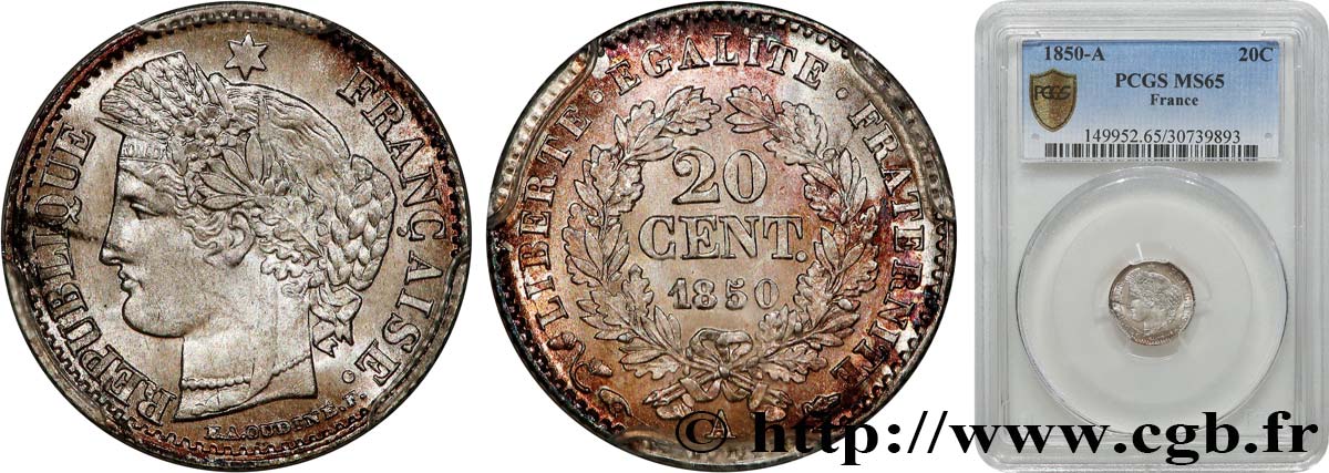 20 centimes Cérès, IIe République 1850 Paris F.146/3 MS65 PCGS