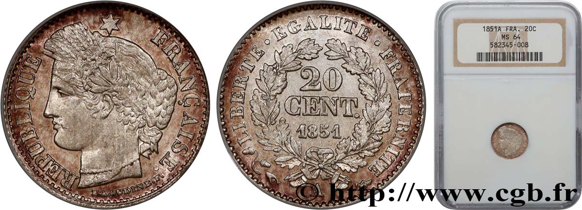 20 centimes Cérès, IIe République 1851 Paris F.146/7 SPL64 NGC