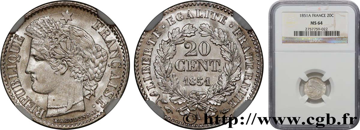 20 centimes Cérès, IIe République 1851 Paris F.146/7 SPL64 NGC