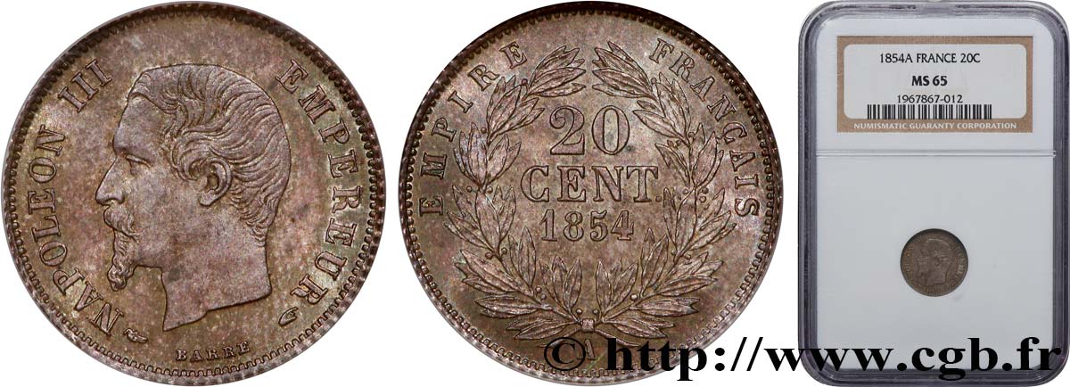 20 centimes Napoléon III, tête nue 1854 Paris F.148/2 ST65 NGC