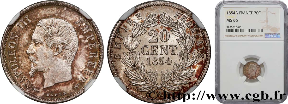 20 centimes Napoléon III, tête nue 1854 Paris F.148/2 FDC65 NGC