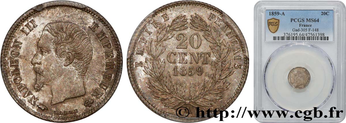 20 centimes Napoléon III, tête nue 1859 Paris F.148/12 SPL64 PCGS