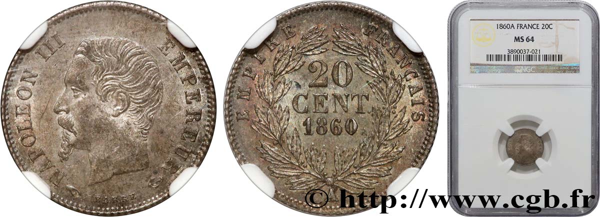 20 centimes Napoléon III, tête nue 1860 Paris F.148/14 SPL64 NGC