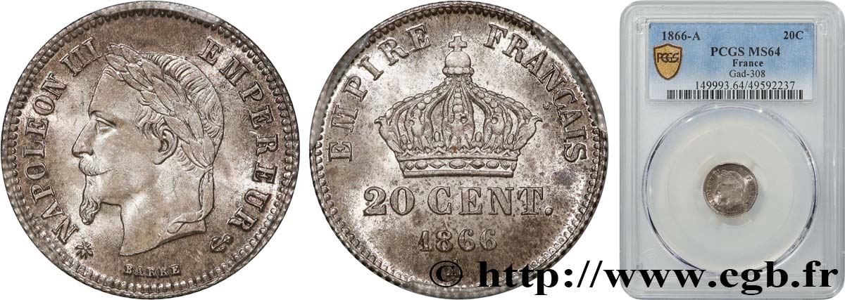 20 centimes Napoléon III, tête laurée, petit module 1866 Paris F.149/4 MS64 PCGS