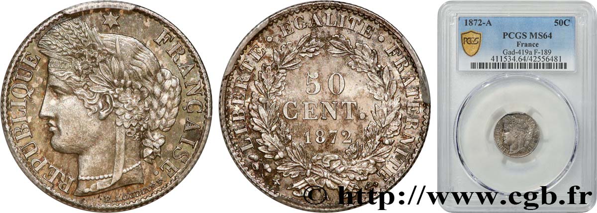 50 centimes Cérès, IIIe République 1872 Paris F.189/3 SPL64 PCGS