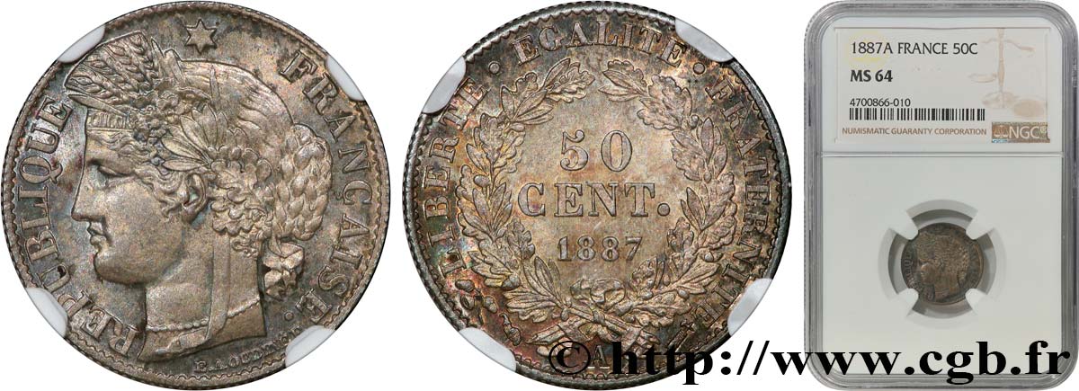 50 centimes Cérès, Troisième République 1887 Paris F.189/12 SPL64 NGC