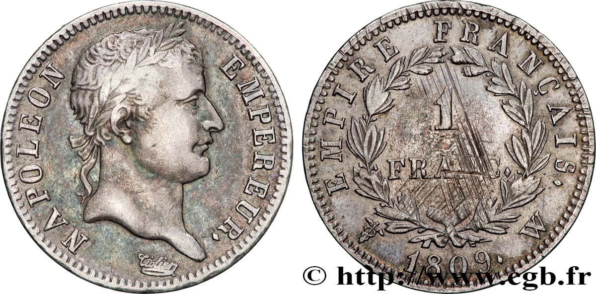 1 franc Napoléon Ier tête laurée, Empire français 1809 Lille F.205/11 XF 
