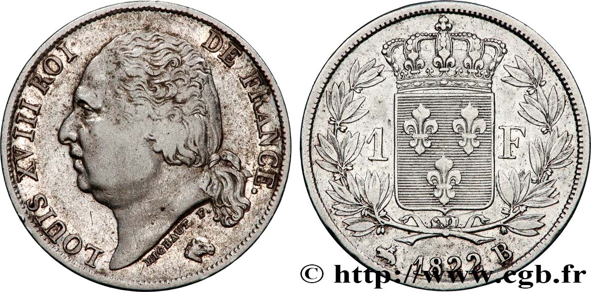 1 franc Louis XVIII 1822 Rouen F.206/41 TB 