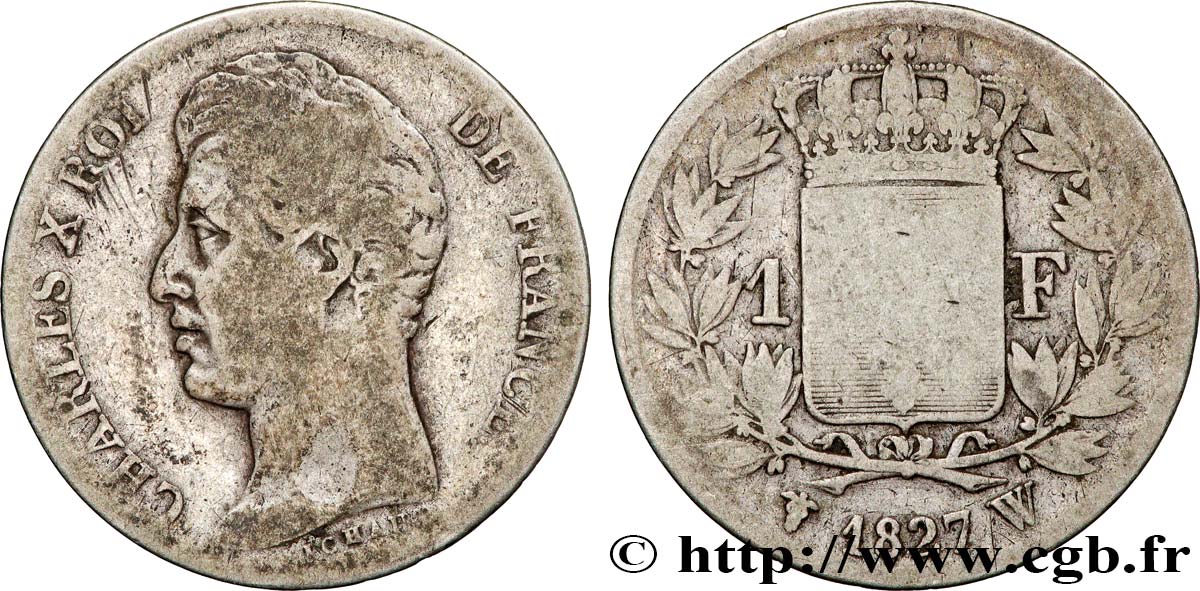 1 franc Charles X, matrice du revers à cinq feuilles 1827 Lille F.207/36 VG 