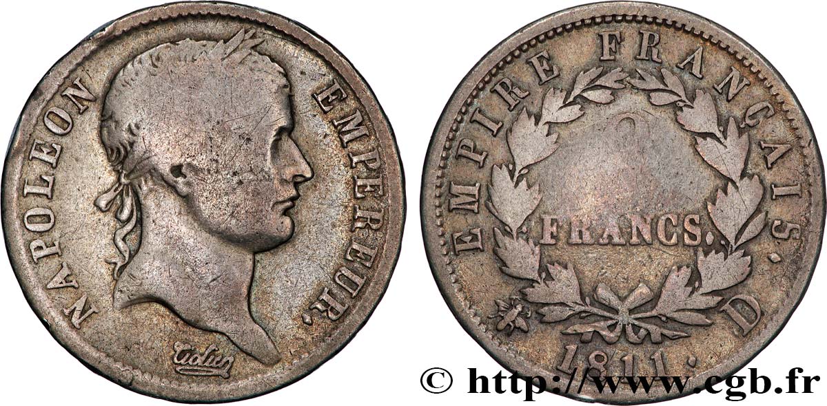 2 francs Napoléon Ier tête laurée, Empire français 1811 Lyon F.255/27 B 