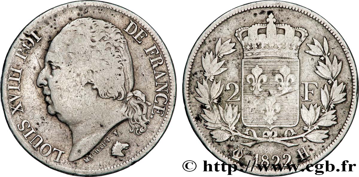 2 francs Louis XVIII 1822 La Rochelle F.257/39 B+ 