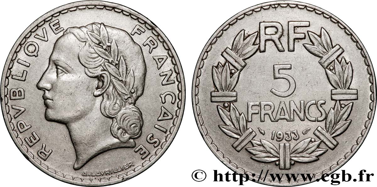 5 francs Lavrillier, nickel 1933  F.336/2 TTB 